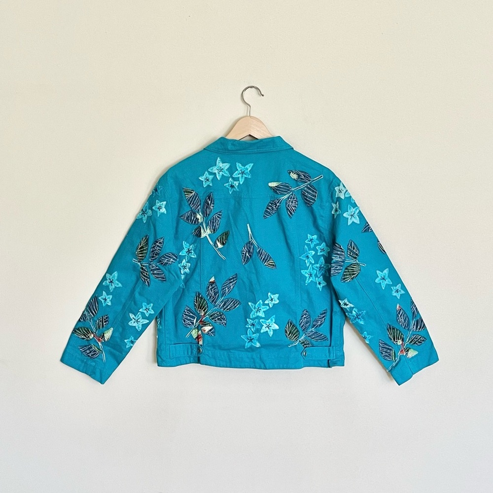 Vintage Chico’s Patchwork Floral Teal Denim Button Up Jean Jacket Women’s size 2 - Picture 11 of 16